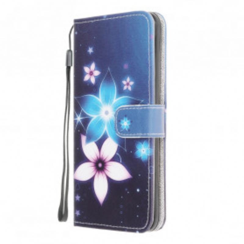 Capa De Couro Para Samsung Galaxy A22 De Cordão Flores De Cinta Lunar