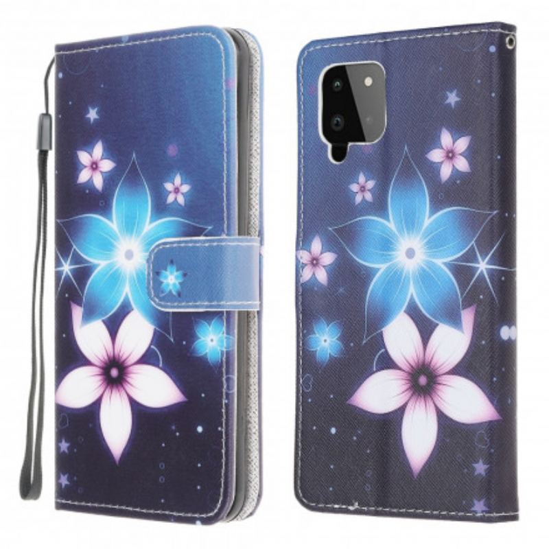 Capa De Couro Para Samsung Galaxy A22 De Cordão Flores De Cinta Lunar