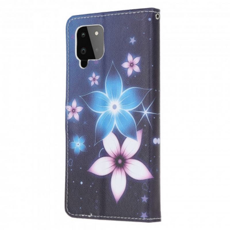 Capa De Couro Para Samsung Galaxy A22 De Cordão Flores De Cinta Lunar