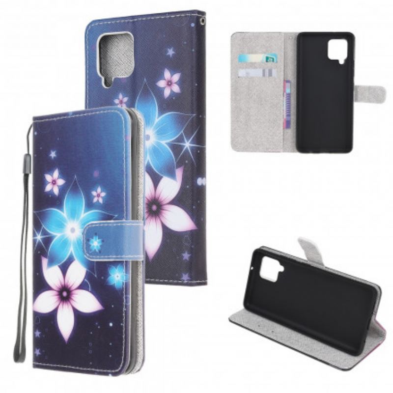 Capa De Couro Para Samsung Galaxy A22 De Cordão Flores De Cinta Lunar