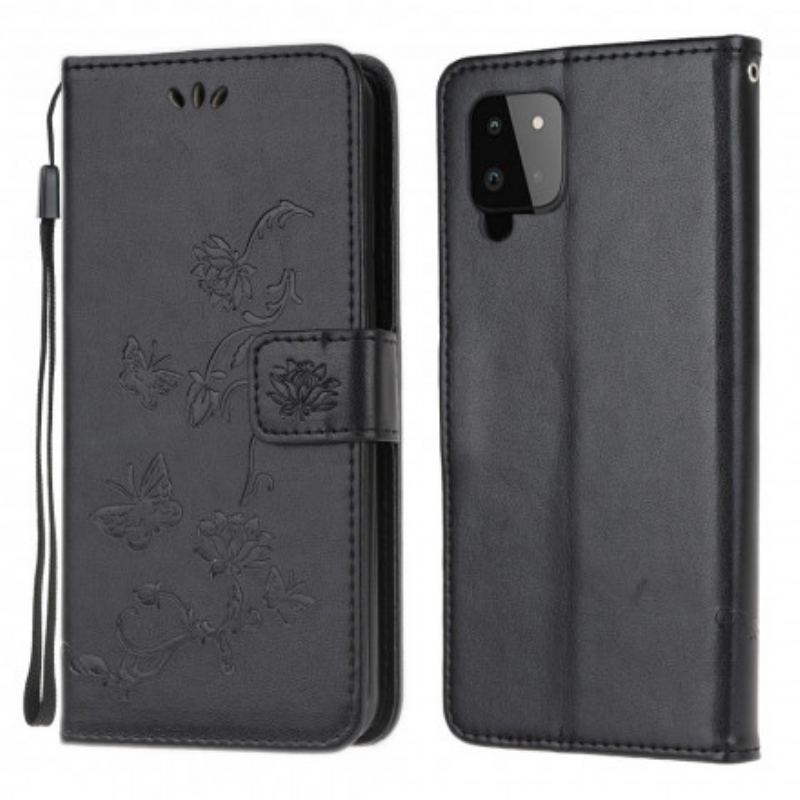 Capa De Couro Para Samsung Galaxy A22 De Cordão Tanga Borboletas E Flores