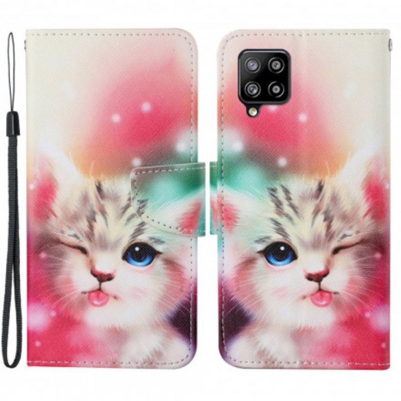 Capa De Couro Para Samsung Galaxy A22 Gatinho Fofinho Com Cordão