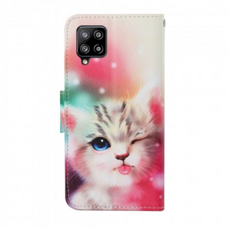 Capa De Couro Para Samsung Galaxy A22 Gatinho Fofinho Com Cordão