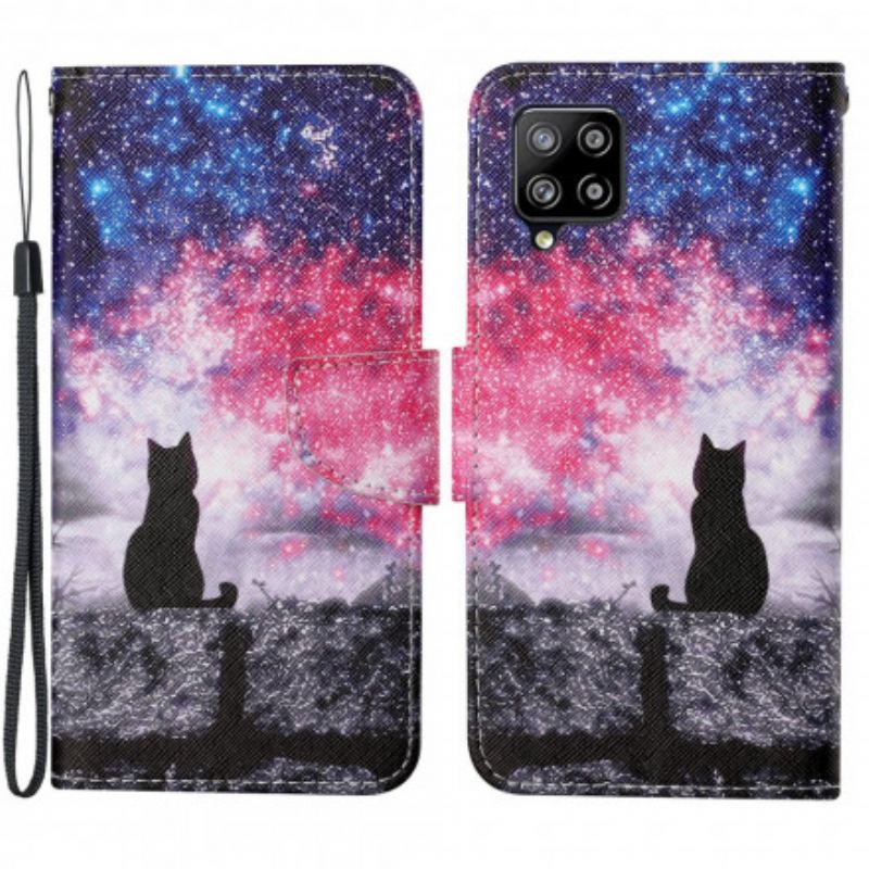 Capa De Couro Para Samsung Galaxy A22 Histórias De Gatos Com Cordão