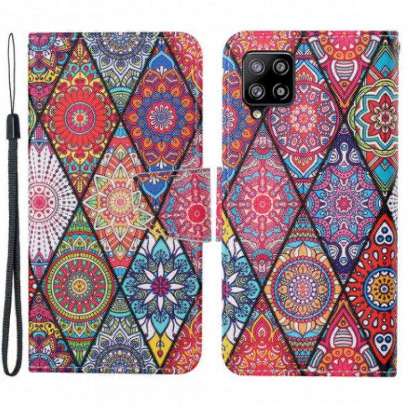 Capa De Couro Para Samsung Galaxy A22 Patchwork Com Cordão