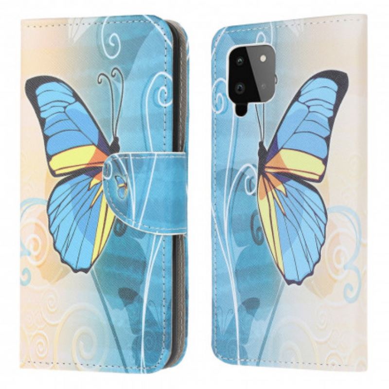 Capa Flip Para Samsung Galaxy A22 Borboleta Azul E Amarela