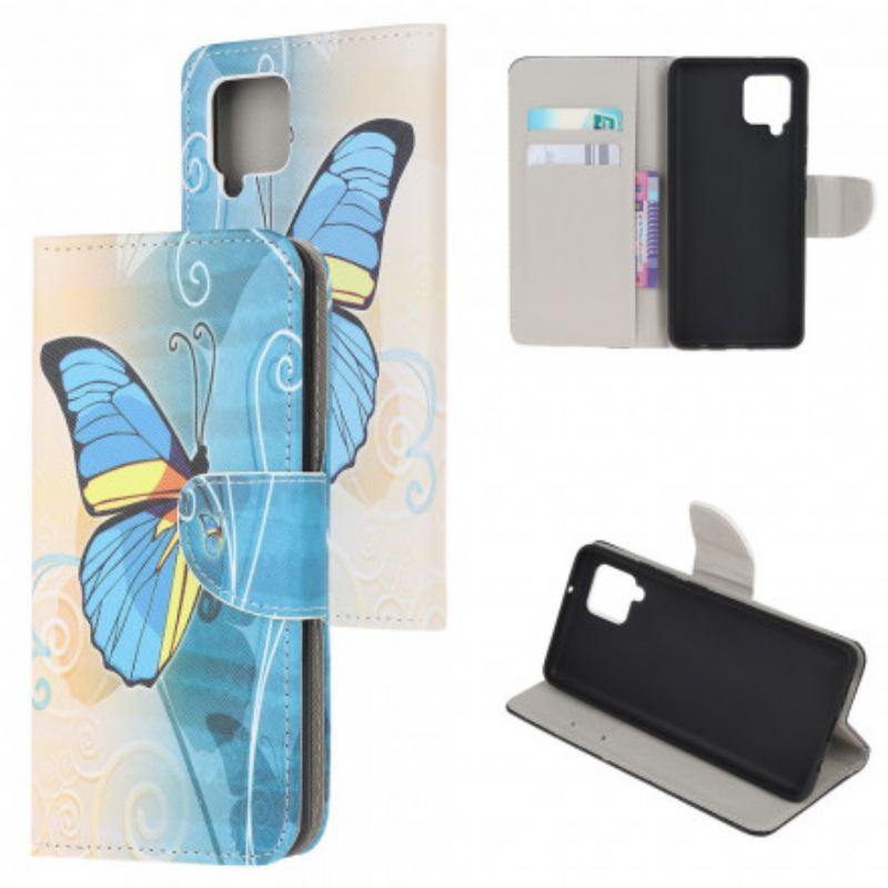 Capa Flip Para Samsung Galaxy A22 Borboleta Azul E Amarela