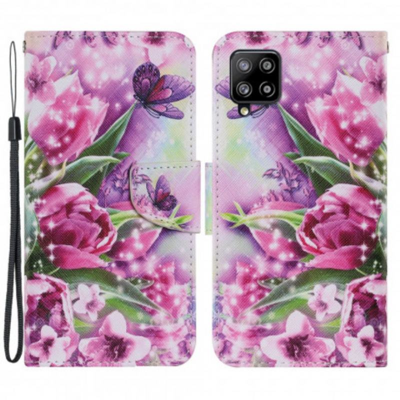 Capa Flip Para Samsung Galaxy A22 Borboletas E Tulipas