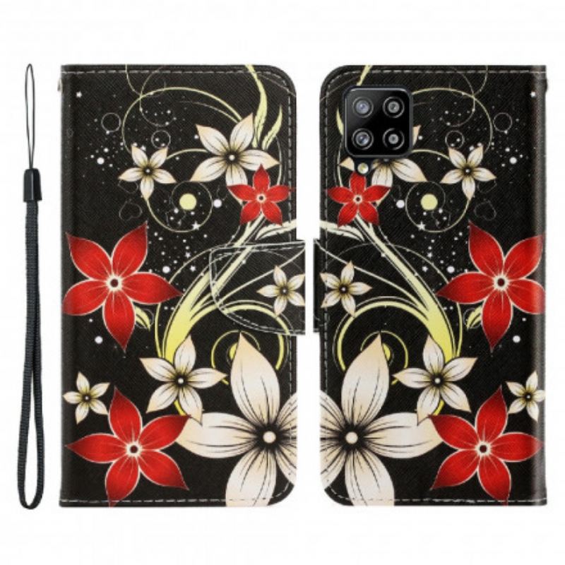 Capa Flip Para Samsung Galaxy A22 De Cordão Flores Coloridas Com Tiras