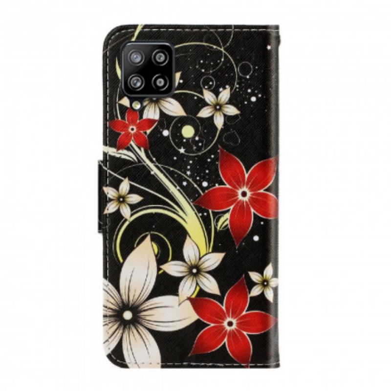 Capa Flip Para Samsung Galaxy A22 De Cordão Flores Coloridas Com Tiras