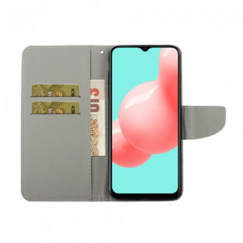 Capa Flip Para Samsung Galaxy A22 De Cordão Flores Coloridas Com Tiras