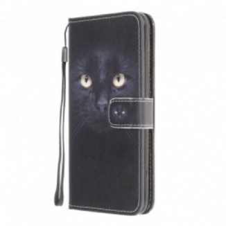 Capa Flip Para Samsung Galaxy A22 De Cordão Olhos De Gato Preto Com Tiras