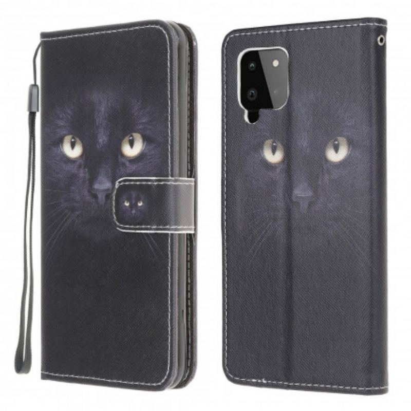 Capa Flip Para Samsung Galaxy A22 De Cordão Olhos De Gato Preto Com Tiras