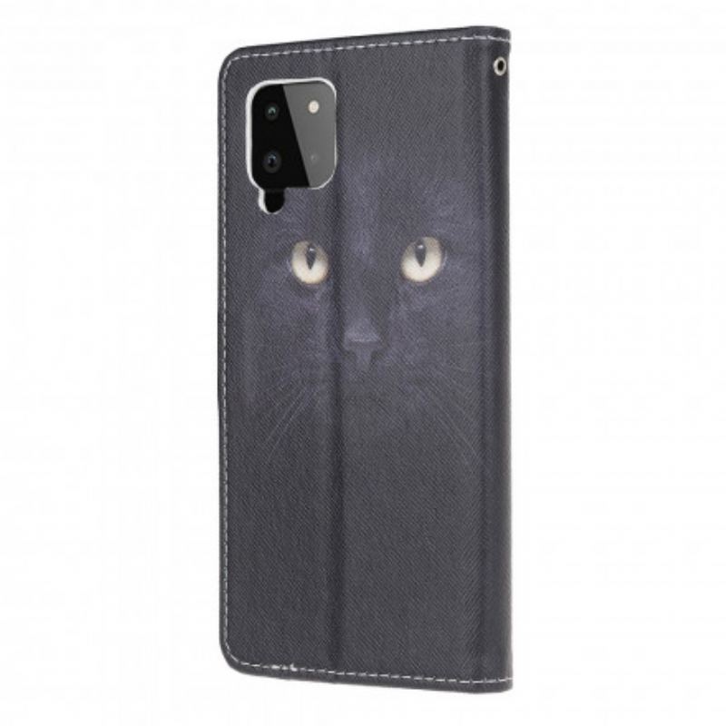 Capa Flip Para Samsung Galaxy A22 De Cordão Olhos De Gato Preto Com Tiras