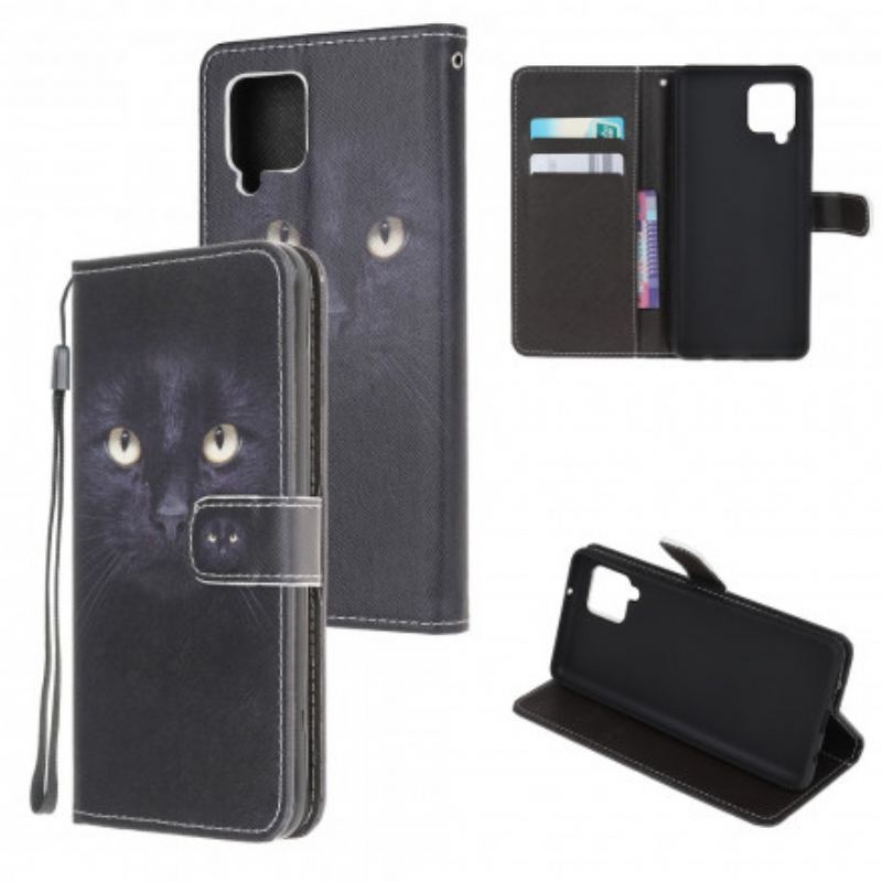 Capa Flip Para Samsung Galaxy A22 De Cordão Olhos De Gato Preto Com Tiras