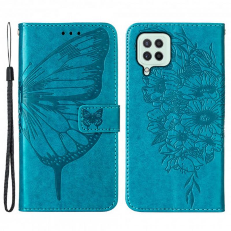 Capa Folio Para Samsung Galaxy A22 Design De Borboleta Com Cordão