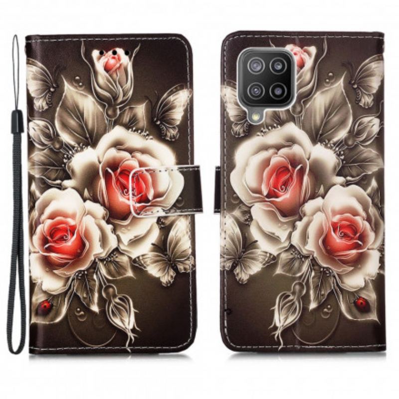 Capa Folio Para Samsung Galaxy A22 Rosas Douradas