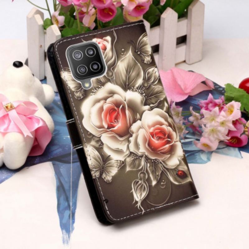 Capa Folio Para Samsung Galaxy A22 Rosas Douradas