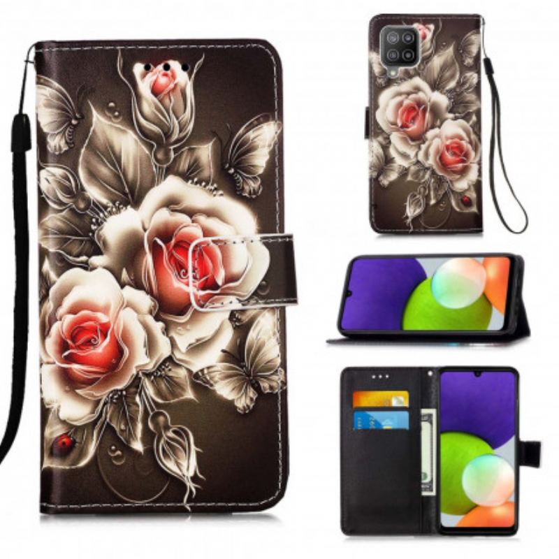 Capa Folio Para Samsung Galaxy A22 Rosas Douradas