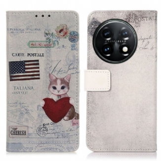 Capa De Couro Para OnePlus 11 5G Gato Viajante