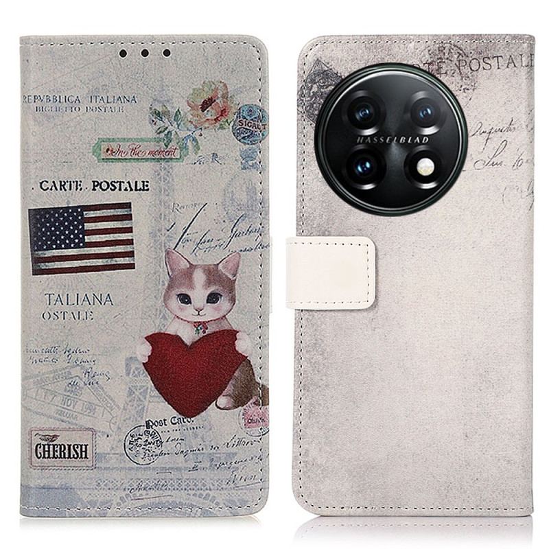 Capa De Couro Para OnePlus 11 5G Gato Viajante