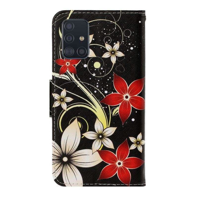 Capa De Couro Para Samsung Galaxy A71 De Cordão Flores Coloridas Com Tiras