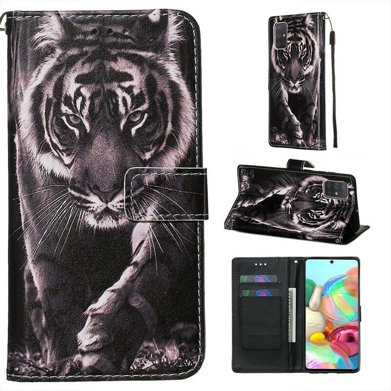 Capa De Couro Para Samsung Galaxy A71 Tigre Da Noite