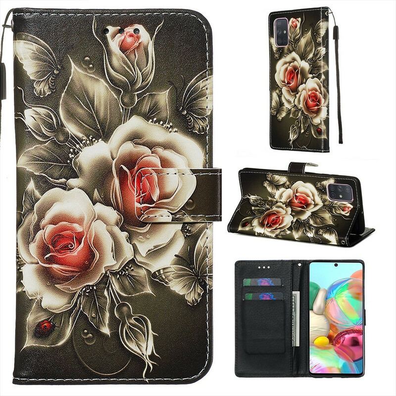 Capa Flip Para Samsung Galaxy A71 Rosas Douradas