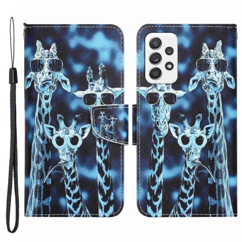 Capa De Couro Para Samsung Galaxy A53 5G De Cordão Girafas Anônimas Em Cordão