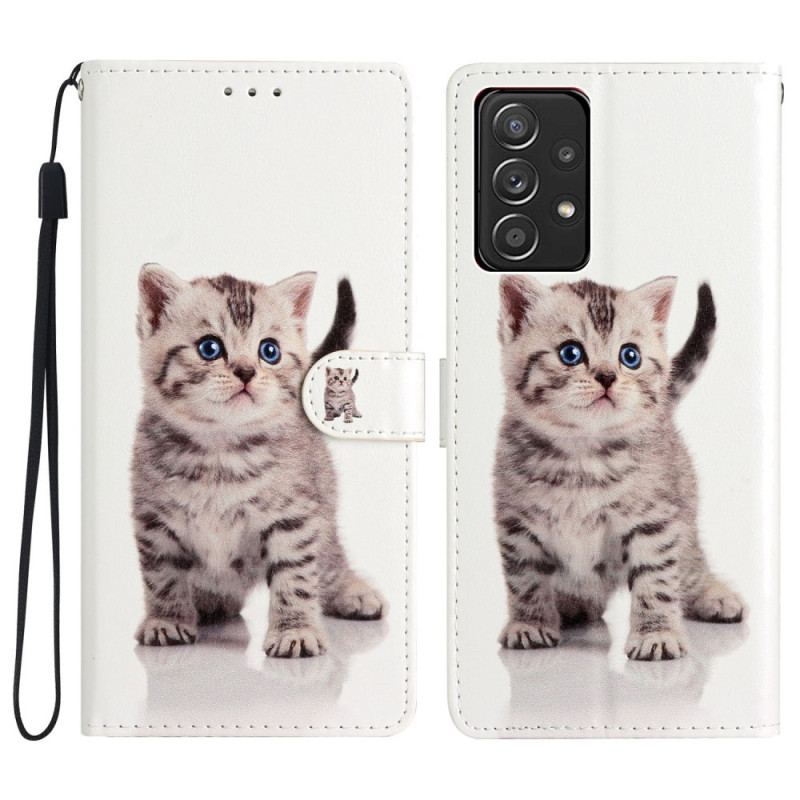 Capa Em Pele Para Samsung Galaxy A53 5G De Cordão Lindo Gatinho Com Alça