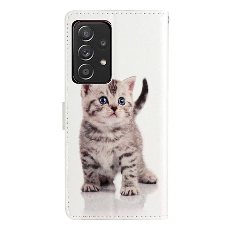 Capa Em Pele Para Samsung Galaxy A53 5G De Cordão Lindo Gatinho Com Alça