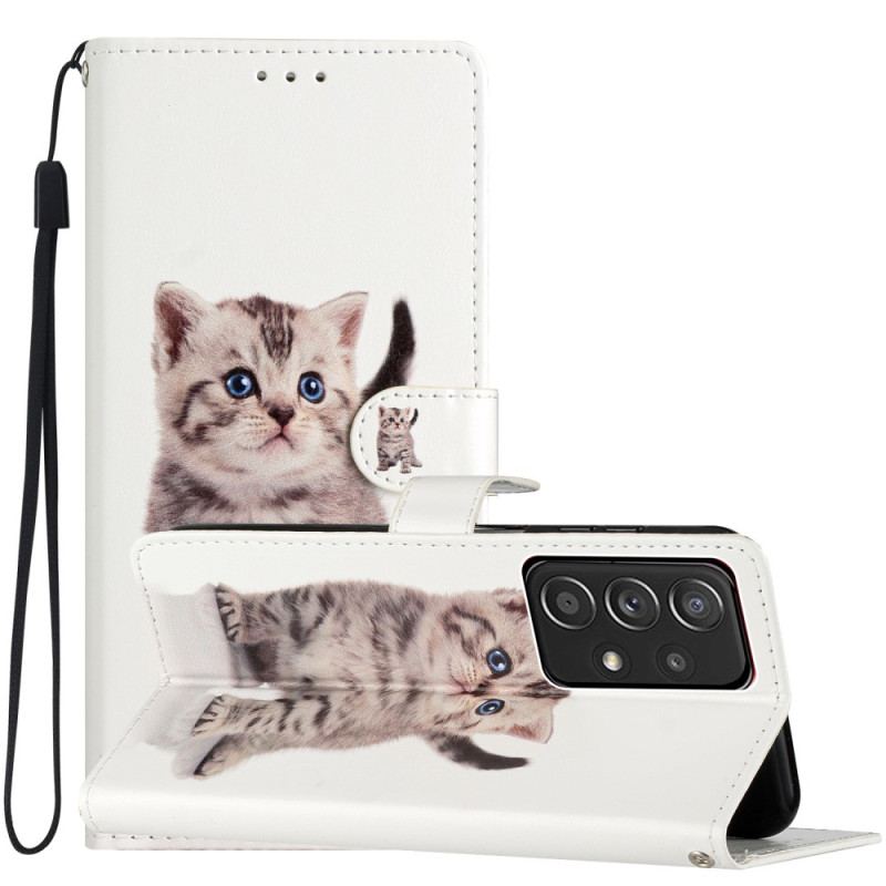 Capa Em Pele Para Samsung Galaxy A53 5G De Cordão Lindo Gatinho Com Alça