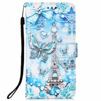 Capa Flip Para Samsung Galaxy A53 5G De Cordão Correia Borboleta Torre Eiffel