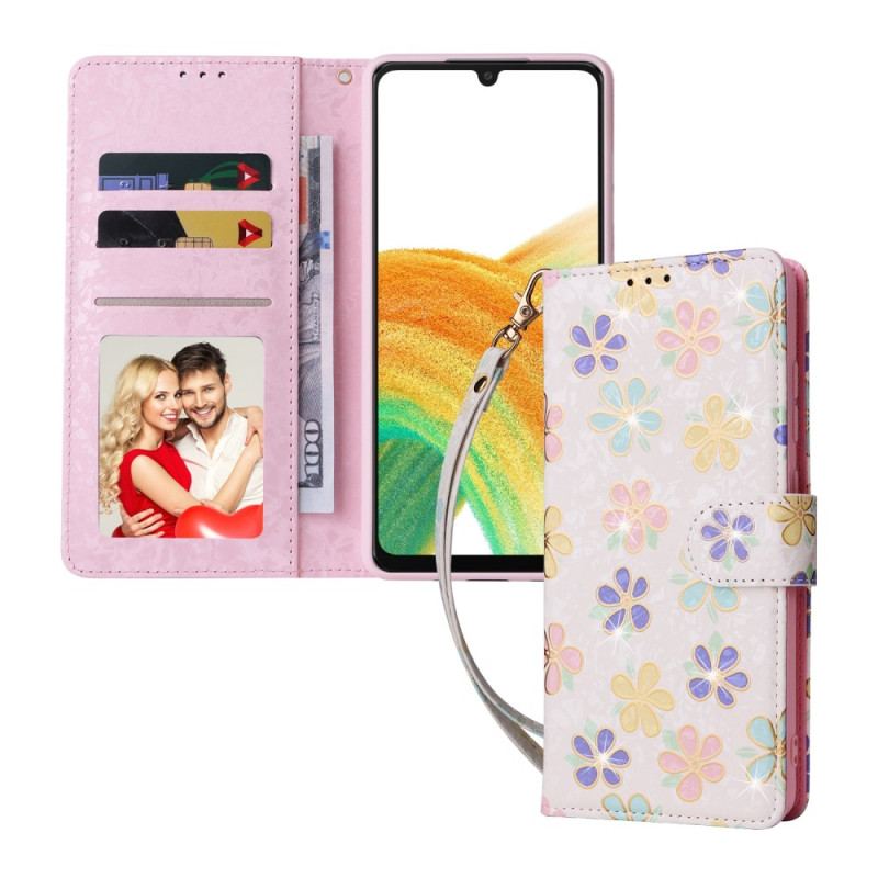 Capa Flip Para Samsung Galaxy A53 5G Flores Rfid Com Cordão