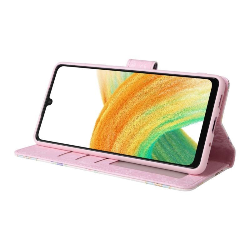 Capa Flip Para Samsung Galaxy A53 5G Flores Rfid Com Cordão