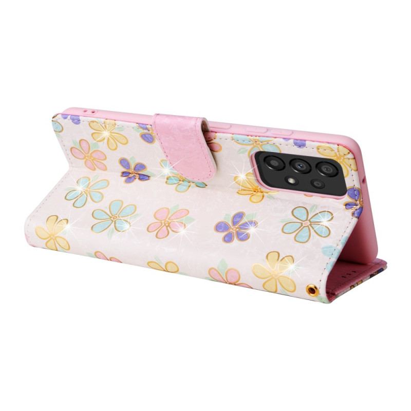 Capa Flip Para Samsung Galaxy A53 5G Flores Rfid Com Cordão