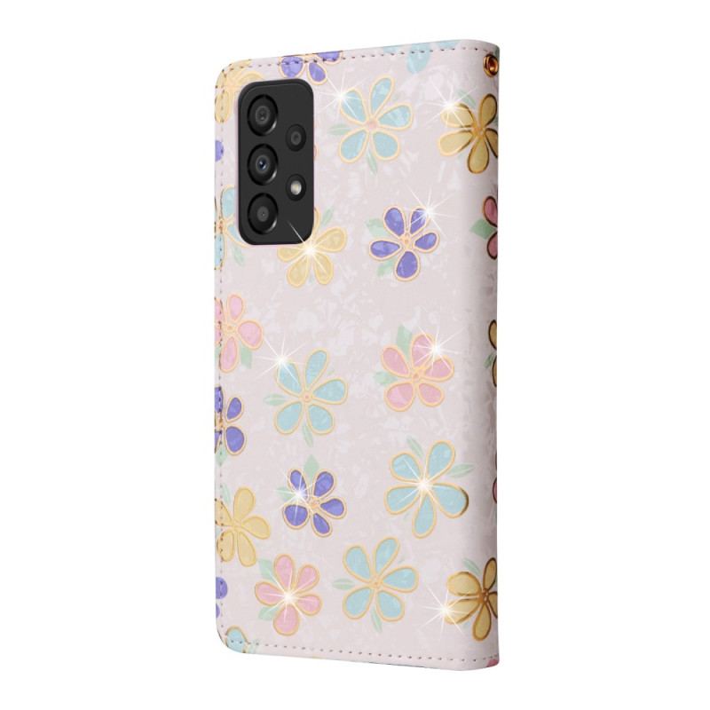 Capa Flip Para Samsung Galaxy A53 5G Flores Rfid Com Cordão