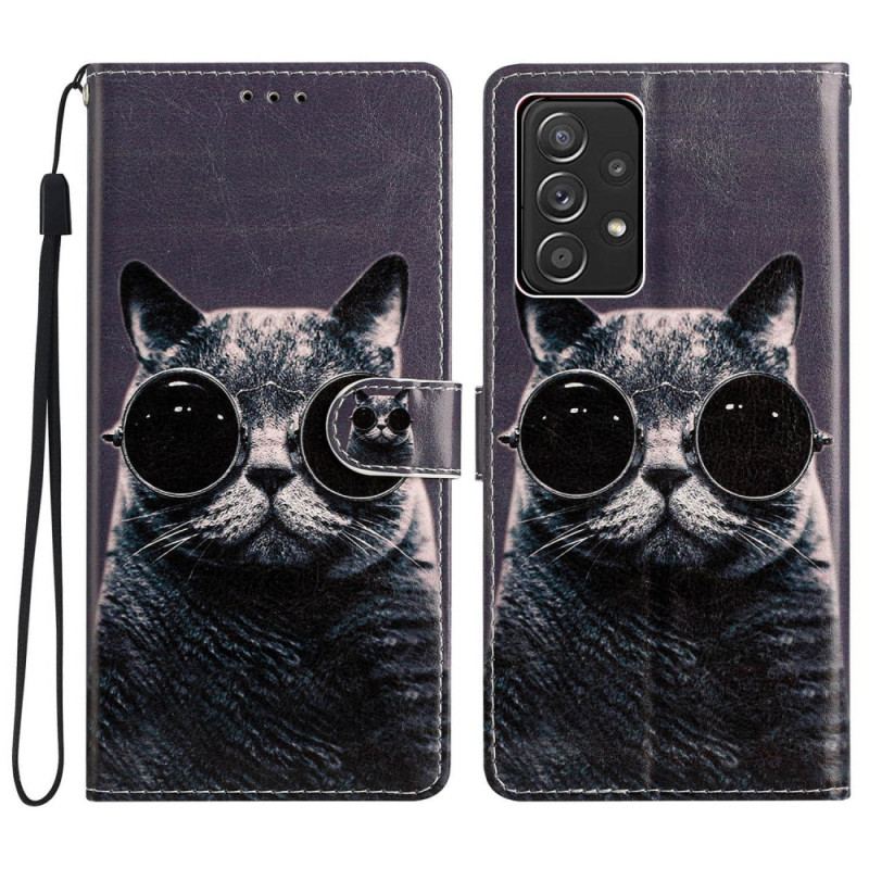 Capa Flip Para Samsung Galaxy A53 5G Óculos Gato Com Cordão