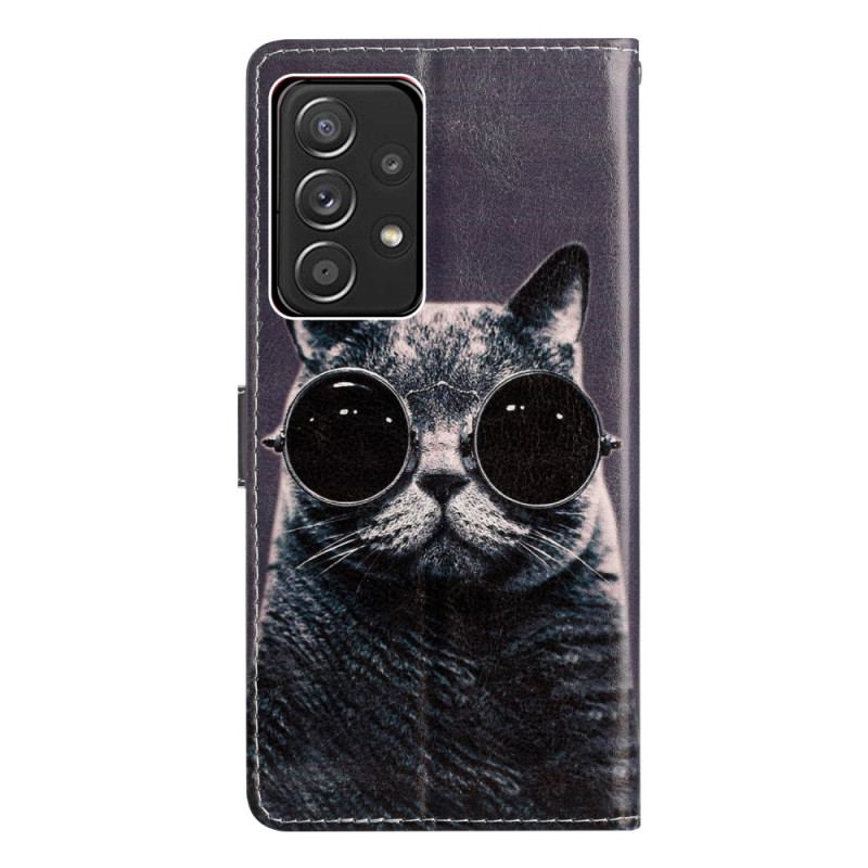 Capa Flip Para Samsung Galaxy A53 5G Óculos Gato Com Cordão