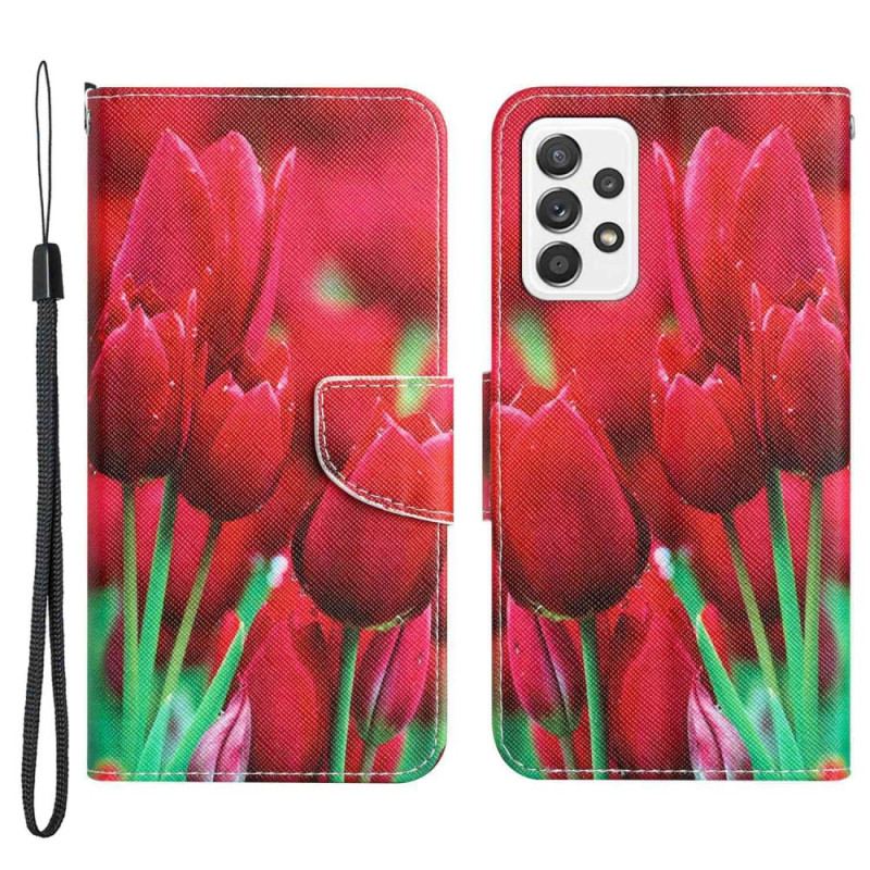 Capa Folio Para Samsung Galaxy A53 5G De Cordão Flores De Alça