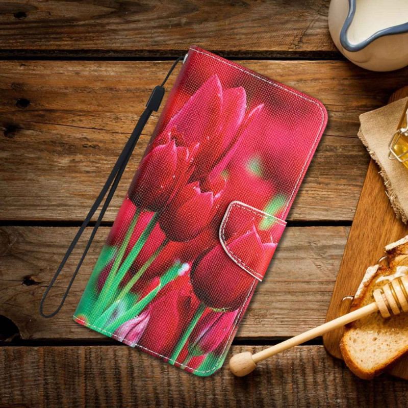 Capa Folio Para Samsung Galaxy A53 5G De Cordão Flores De Alça