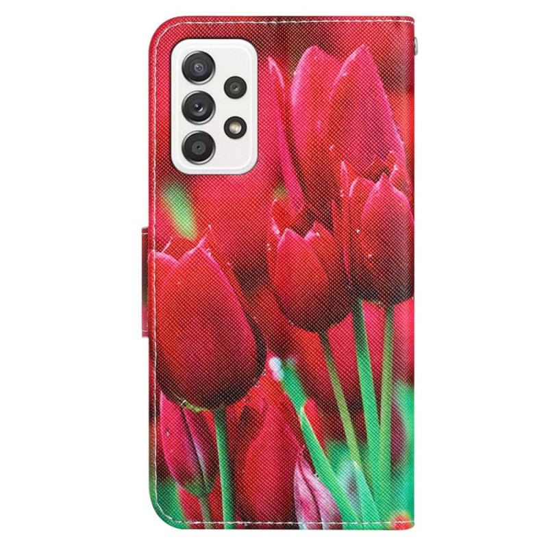 Capa Folio Para Samsung Galaxy A53 5G De Cordão Flores De Alça