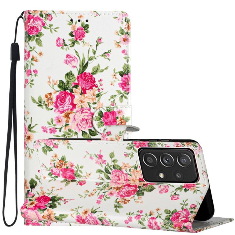 Capa Folio Para Samsung Galaxy A53 5G De Cordão Flores Da Liberdade Da Correia