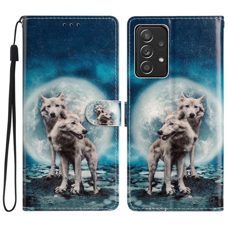 Capa Folio Para Samsung Galaxy A53 5G Lobos Do Luar Com Cordão