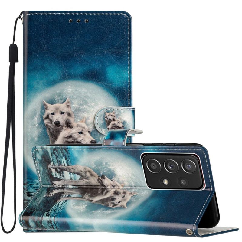 Capa Folio Para Samsung Galaxy A53 5G Lobos Do Luar Com Cordão