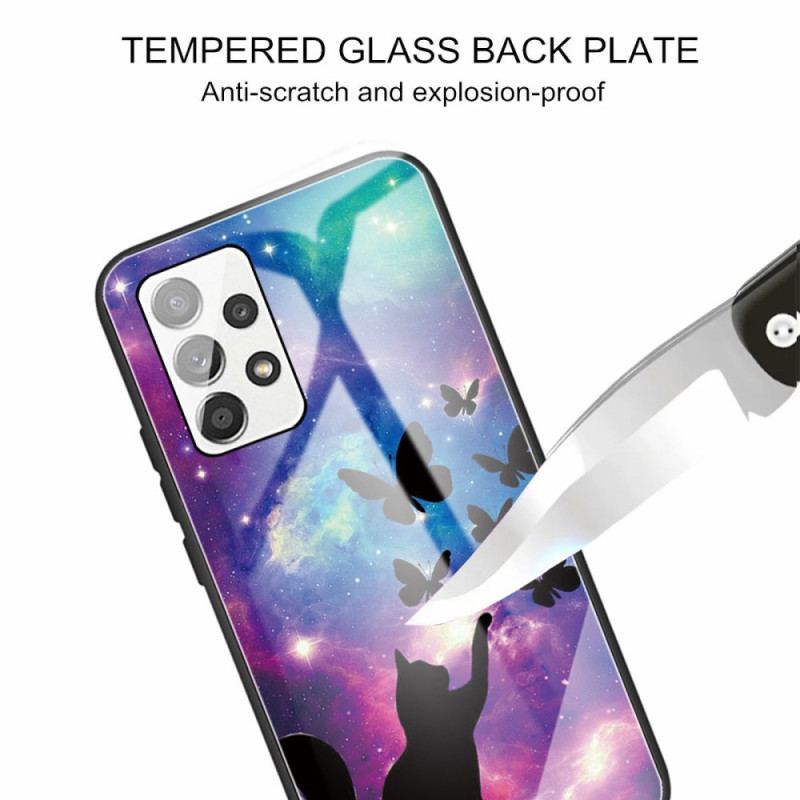 Capa Para Samsung Galaxy A53 5G Gato De Vidro Temperado E Borboletas No Espaço