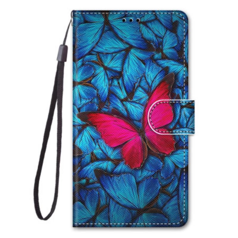 Capa Em Pele Para Sony Xperia 1 IV Borboleta Vermelha Fundo Azul