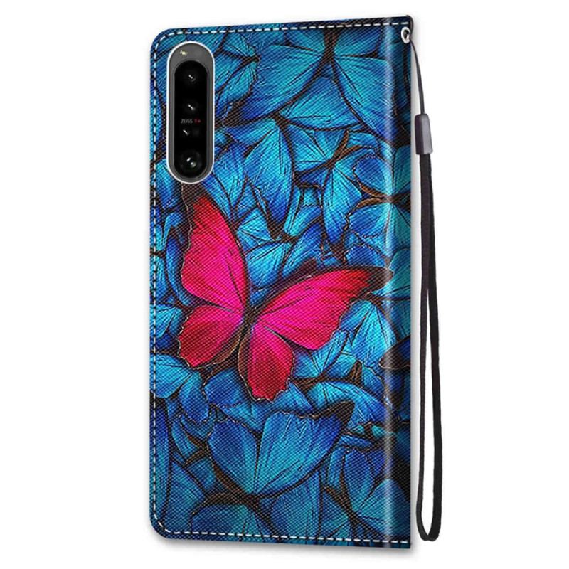 Capa Em Pele Para Sony Xperia 1 IV Borboleta Vermelha Fundo Azul