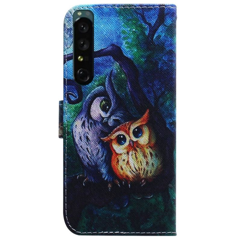 Capa Em Pele Para Sony Xperia 1 IV Corujas Pintando