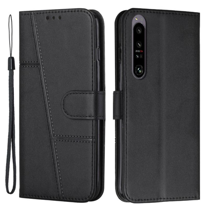 Capa Em Pele Para Sony Xperia 1 IV Estilo Geométrico De Couro Com Alça